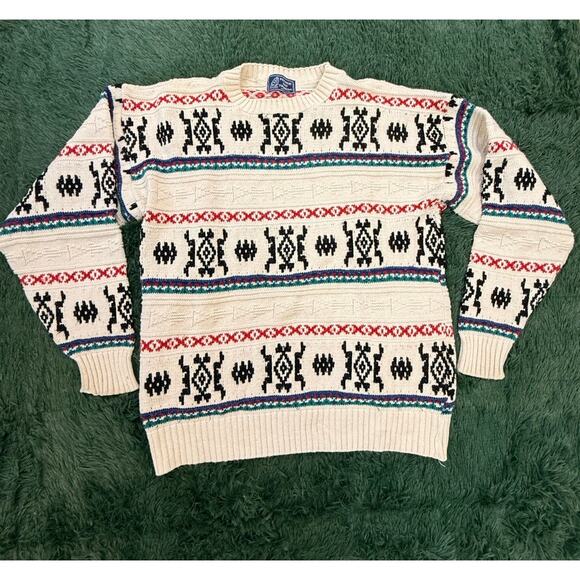 Vintage Peconic Bay Traders Cardigan Mens Large Creme Aztec Design Knit - Picture 1 of 5